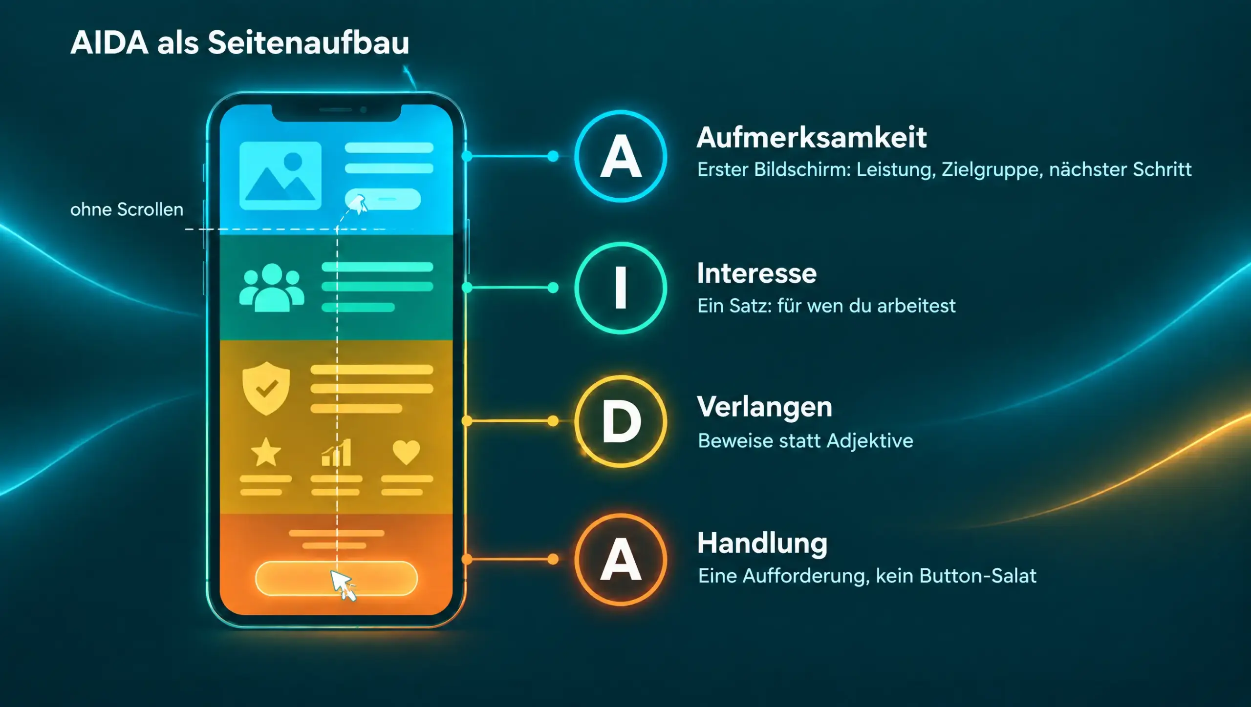 Infografik zur AIDA-Formel im Webdesign: Ein Smartphone zeigt die vier Zonen einer Startseite von oben nach unten – Aufmerksamkeit im ersten Bildschirm ohne Scrollen, Interesse, Verlangen und Handlung mit einem einzigen Button.