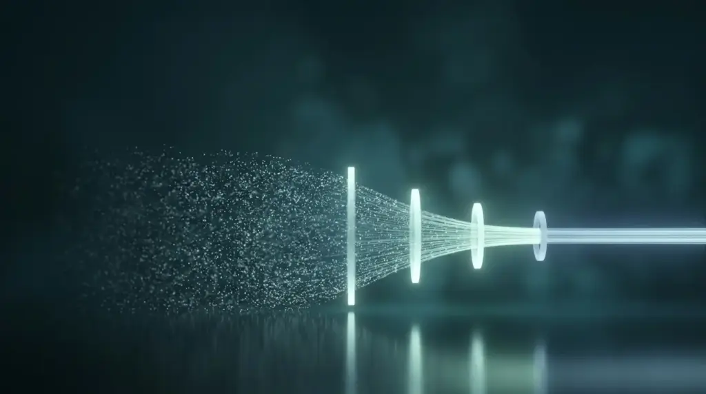 Ein Trichter aus Licht: eine breite diffuse Wolke wird über vier Stufen zu einem einzigen gebündelten Strahl — Sinnbild für die AIDA-Formel im Webdesign.