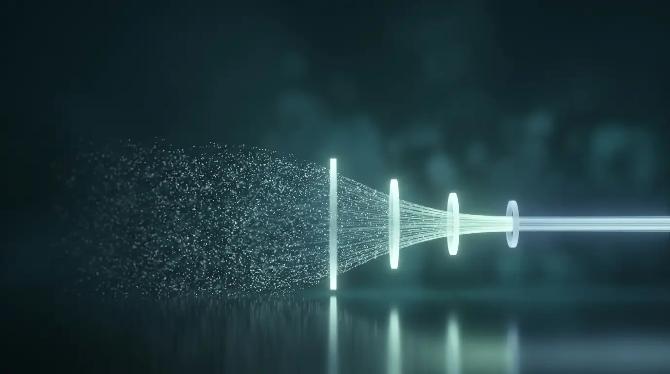 Ein Trichter aus Licht: eine breite diffuse Wolke wird über vier Stufen zu einem einzigen gebündelten Strahl — Sinnbild für die AIDA-Formel im Webdesign.