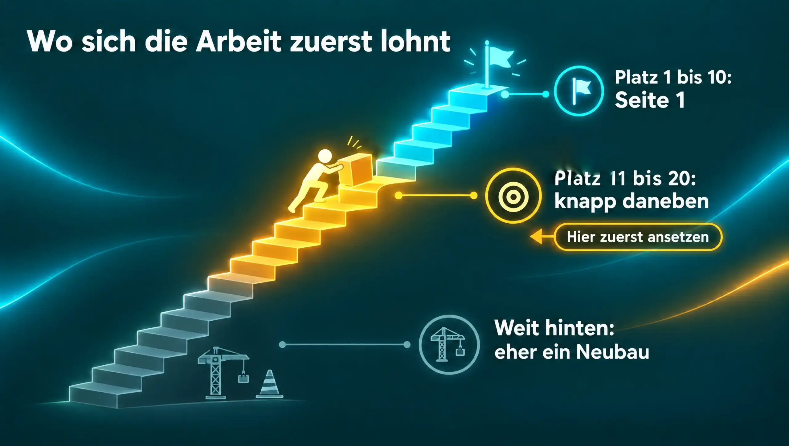 Infografik Treppe der Google-Rangplätze: Platz 1 bis 10 ist Seite 1, Platz 11 bis 20 ist knapp daneben und der günstigste Ansatzpunkt, Seiten weit hinten brauchen eher einen Neubau.