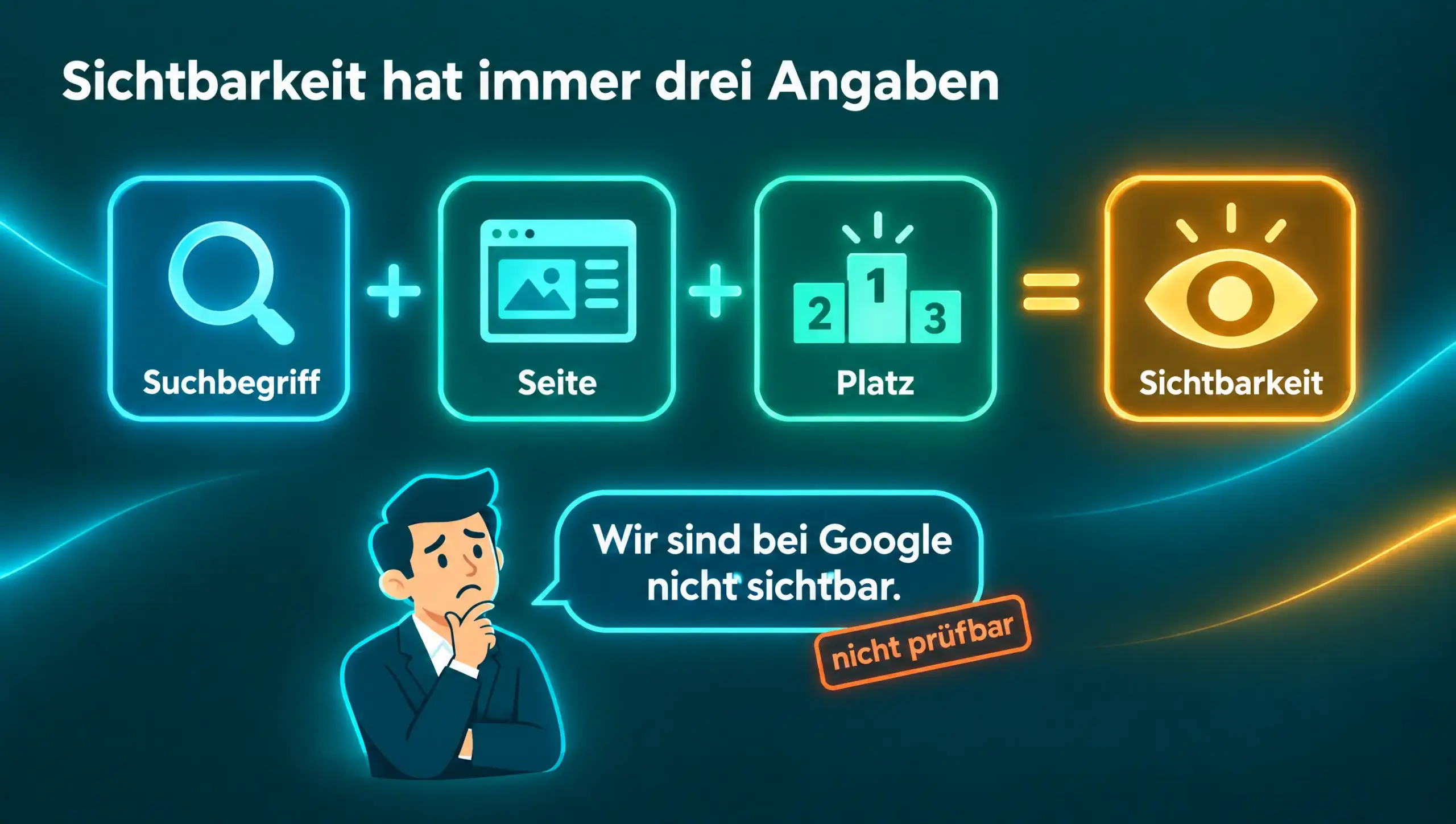Infografik: Sichtbarkeit bei Google besteht aus drei Angaben – Suchbegriff plus Seite plus Platz. Der Satz „Wir sind bei Google nicht sichtbar“ ist ohne diese Angaben nicht prüfbar.