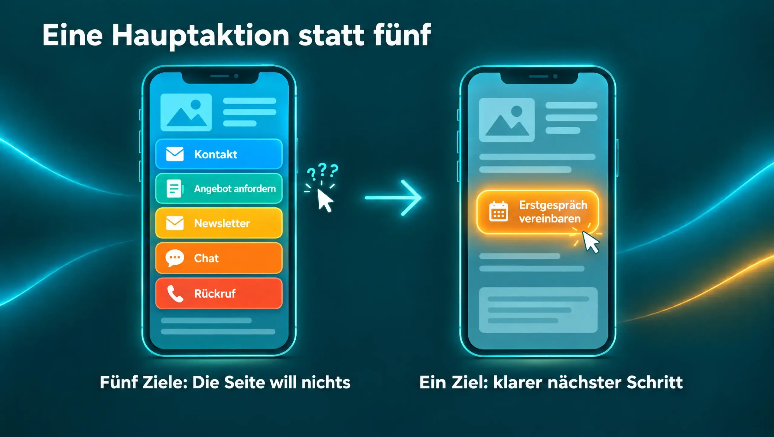 Vorher-nachher-Infografik zur benutzerfreundlichen Website: links ein Smartphone mit fünf gleich lauten Buttons, die Seite will nichts; rechts eine ruhige Seite mit einem einzigen Button „Erstgespräch vereinbaren“ als klarem nächstem Schritt.