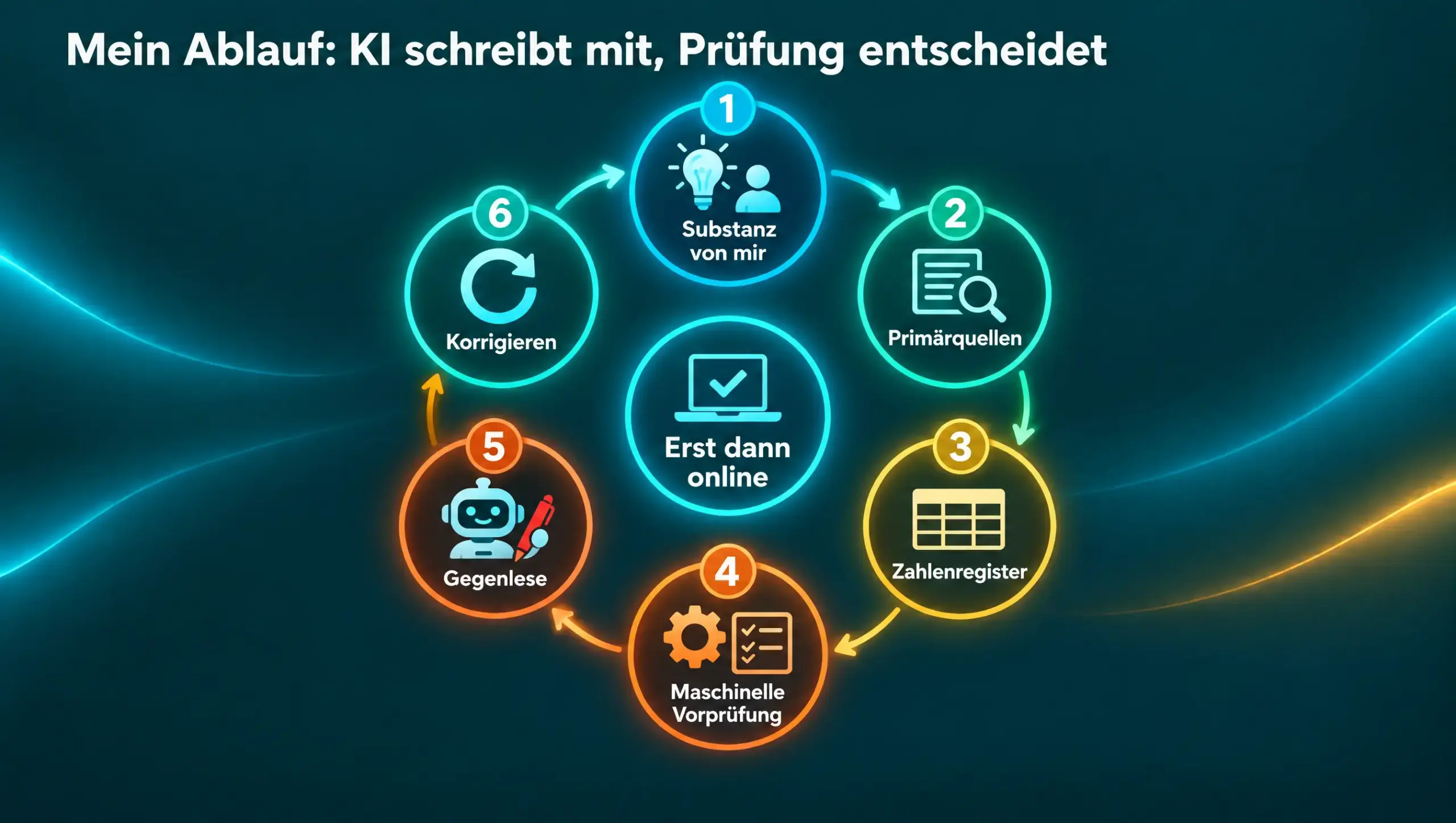 Infografik Arbeitsablauf mit KI im Unternehmen: sechs Stationen im Kreis – Substanz von mir, Primärquellen, Zahlenregister, maschinelle Vorprüfung, Gegenlese, Korrigieren. Erst danach geht ein Text online.