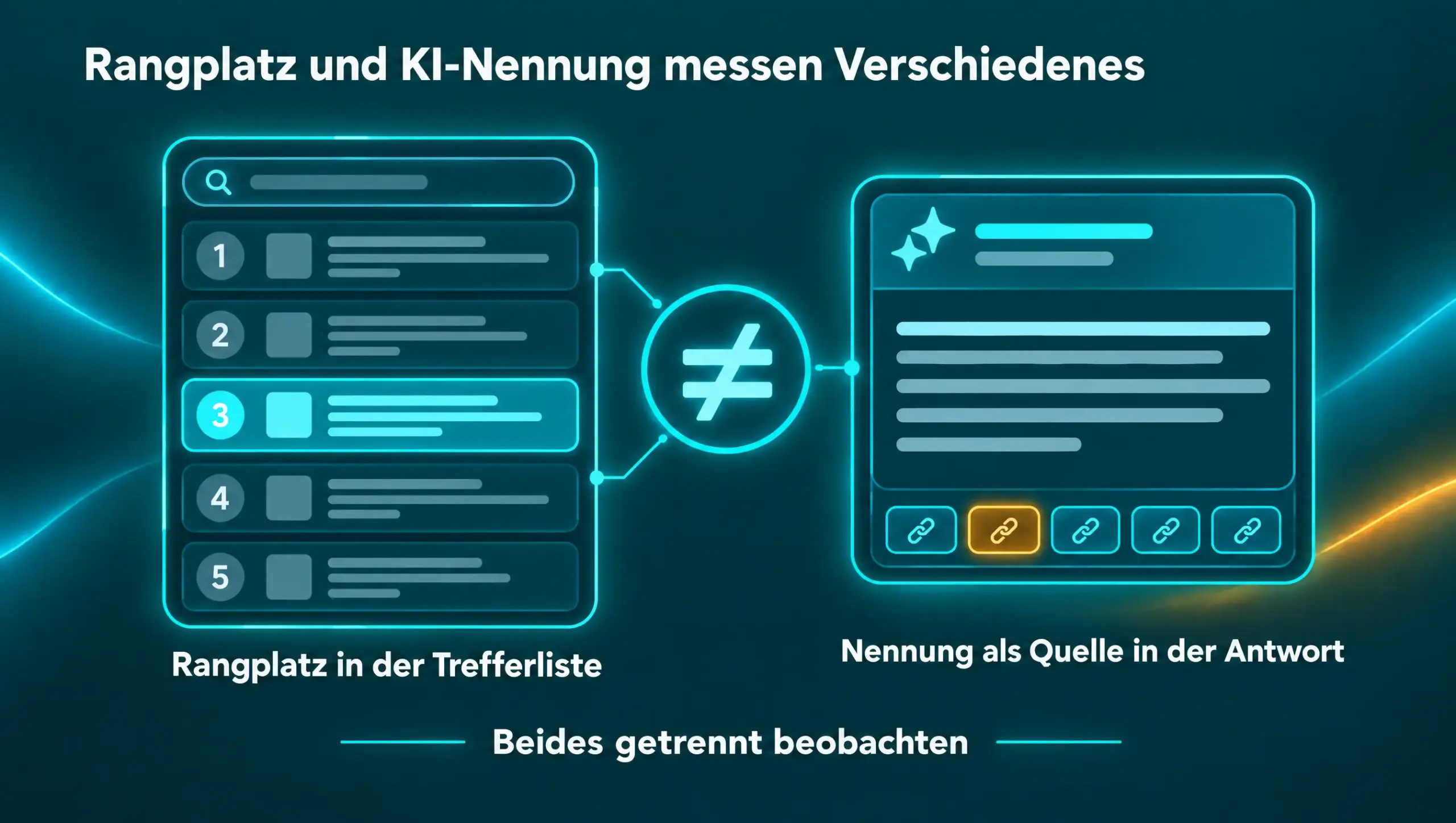 Infografik GEO-Optimierung: Ein Rangplatz in der Trefferliste und eine Nennung als Quelle in einer KI-Antwort sind zwei verschiedene Messgrößen und sollten getrennt beobachtet werden.