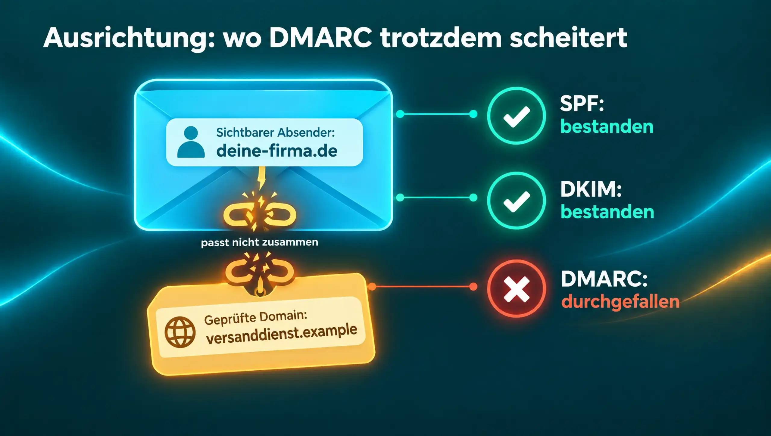 Infografik DMARC-Ausrichtung: Der sichtbare Absender lautet deine-firma.de, geprüft wurde aber die Domain eines Versanddienstes. SPF und DKIM bestehen, DMARC fällt durch, weil beide Domains nicht zusammenpassen.