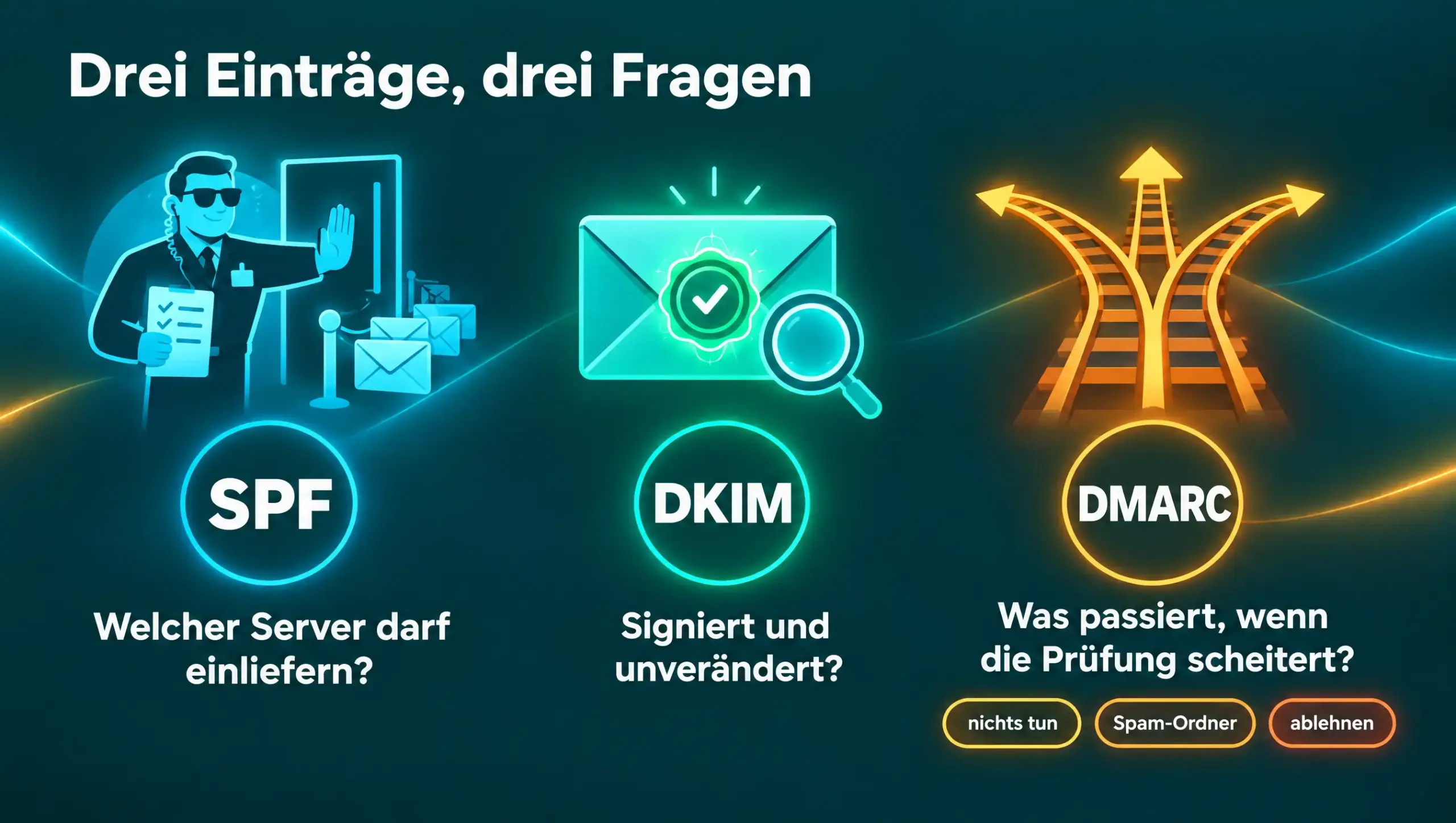 Infografik SPF, DKIM und DMARC einfach erklärt: SPF fragt, welcher Server einliefern darf; DKIM, ob die Nachricht signiert und unverändert ist; DMARC, was bei gescheiterter Prüfung passiert – nichts tun, Spam-Ordner oder ablehnen.